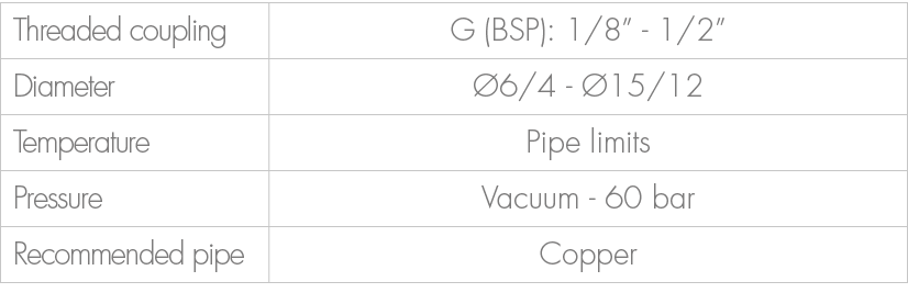 Threaded coupling,G (BSP): 1/8” 1/2”,Diameter, 6/4 15/12,Temperature,Pipe limits ,Pressure,Vacuum 60 bar ,Recommende...
