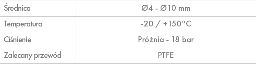  rednica, 4 10 mm,Temperatura, 20 / +150°C ,Ci nienie,Pr  nia 18 bar ,Zalecany przew d,PTFE